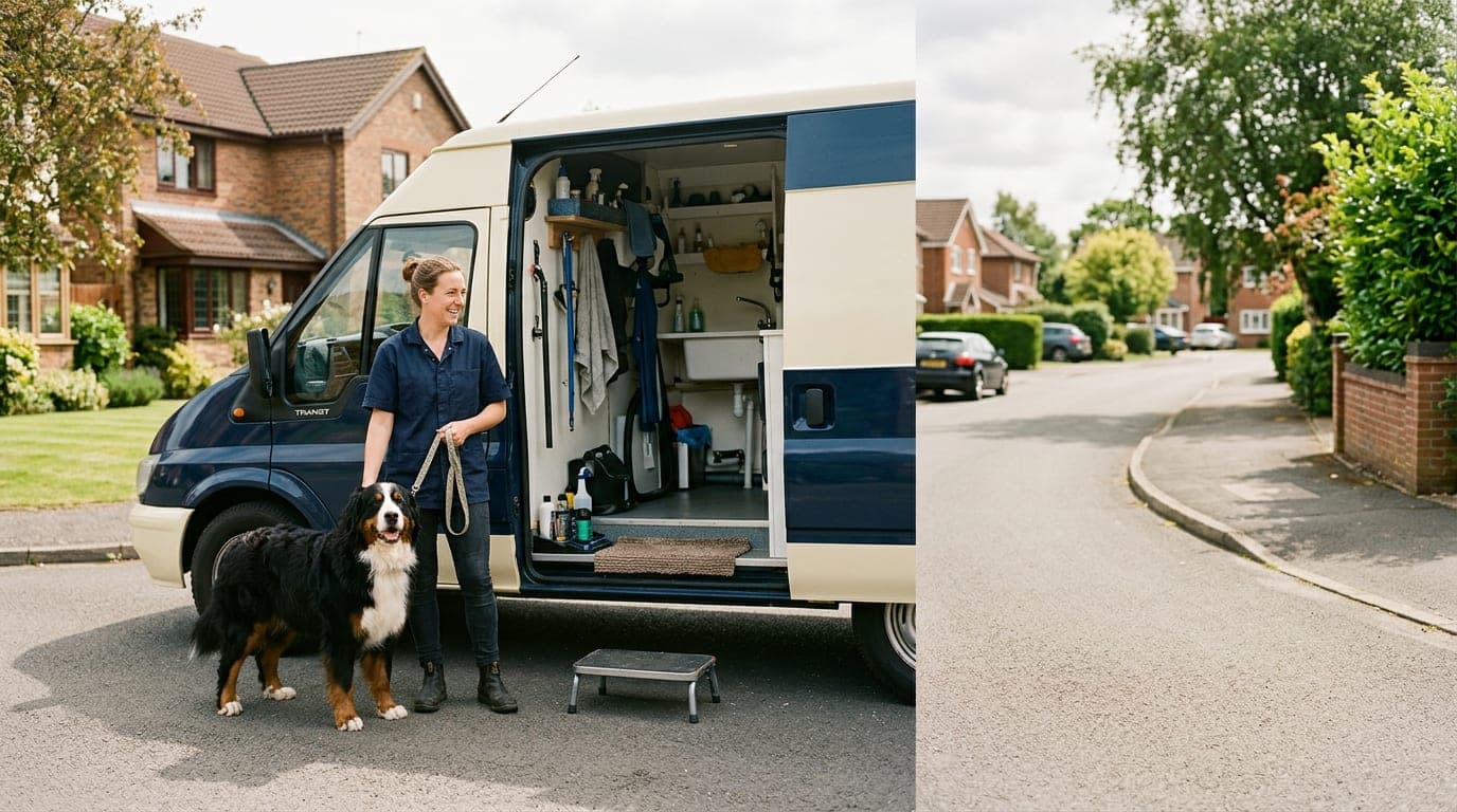 A mobile grooming van on a quiet street with a groomer and a clean dog, ready for service.